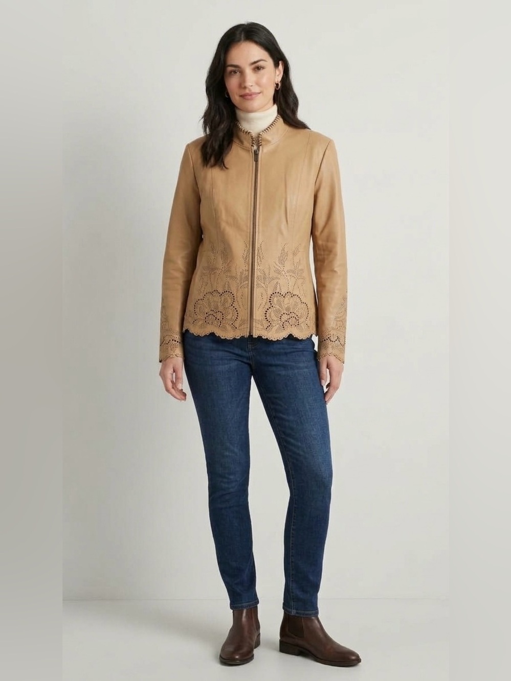 Vintage Y2K Genuine Tan Leather Embroidered Eyelet Jacket by Guillaume (Size L)